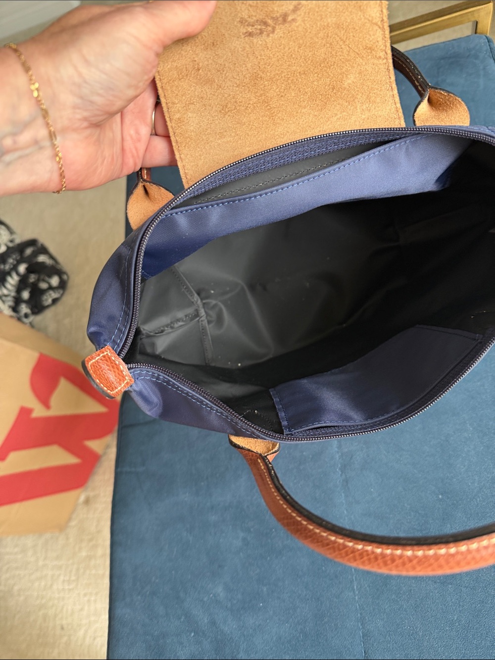 Longchamp Navy Tote with Brown Leather Trim - Picture 6 of 7